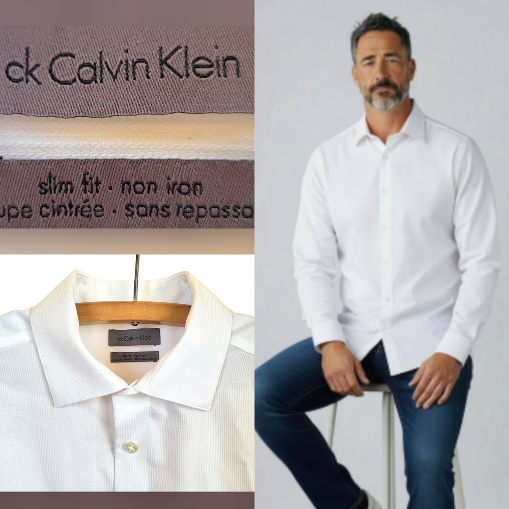 Calvin Klein White Dress Shirt  | No‎ Iron | 100% Cotton | Men M |